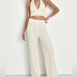 Lulu's Cream Crochet Wide Leg two piece set